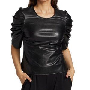 Cinq a Sept Erin Short Sleeves Faux Leather Top Women's Black Size: Large NWT